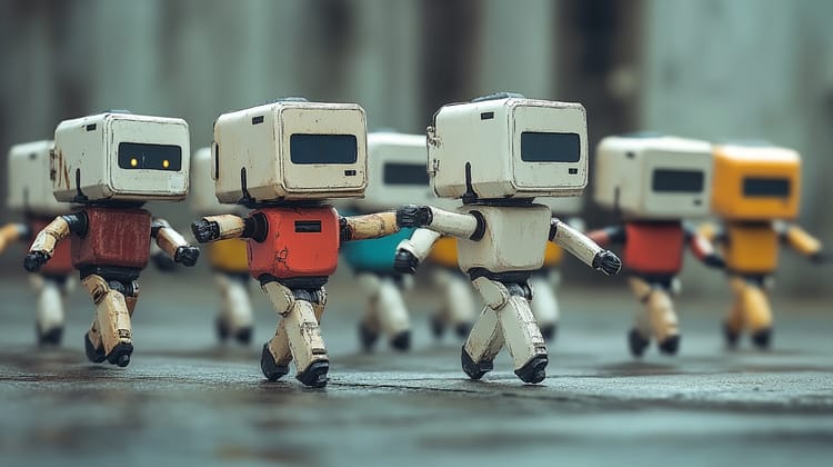 Billede af små robotter, der går sammen i flok.